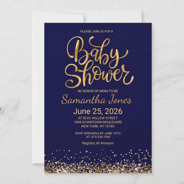 Invitación de Baby Shower Azul Marino y Dorado (Anverso)