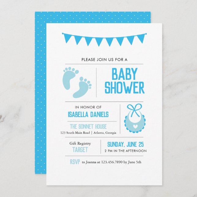 Invitación de Baby Shower azul moderno (Anverso / Reverso)