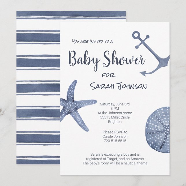 Invitación de Baby Shower azul náutico (Anverso / Reverso)