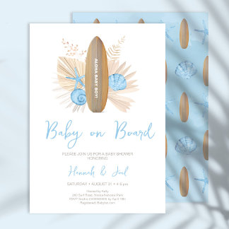 Invitación de Baby Shower azul para niño bebé a bo