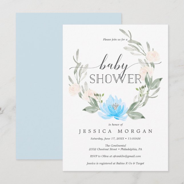 Invitación de Baby Shower azul Pastel invita a la  (Anverso / Reverso)