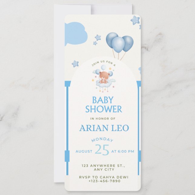 Invitación de Baby Shower azul - Plantilla editabl (Anverso)