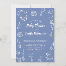 Invitación de Baby Shower Azul Ropa Juguetes para