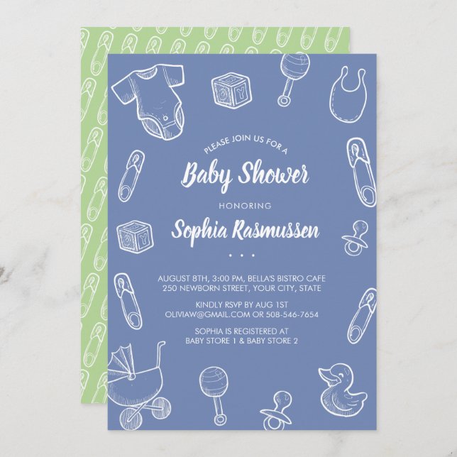 Invitación de Baby Shower Azul Ropa Juguetes para  (Anverso / Reverso)