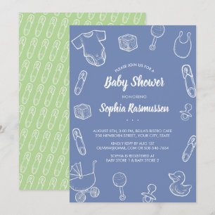Invitación de Baby Shower Azul Ropa Juguetes para 