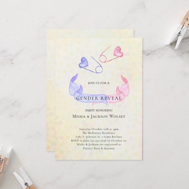 Invitación de Baby Shower azul rosado para revelar (Anverso/Reverso In Situ)