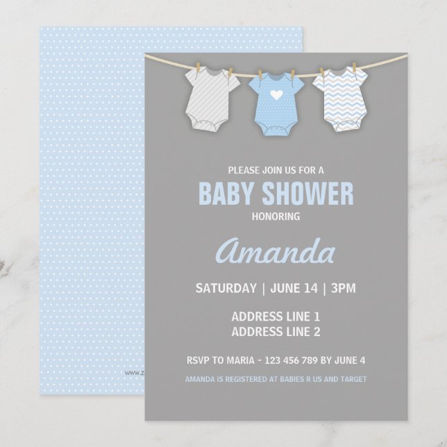 Invitación de Baby Shower azul, tema de línea de r (Anverso / Reverso)