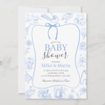 Invitación de Baby Shower Azul Toile De Jouy Niño