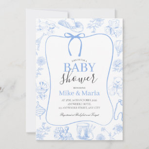 Invitación de Baby Shower Azul Toile De Jouy Niño