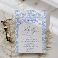 Invitación de Baby Shower Azul Toile De Jouy para