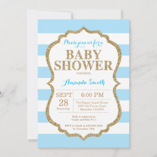 Invitación de Baby Shower Azul y Dorado con Brillo