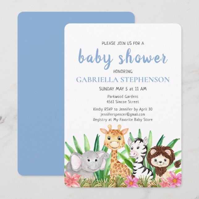 Invitación de Baby Shower azulado de animales de l (Anverso / Reverso)