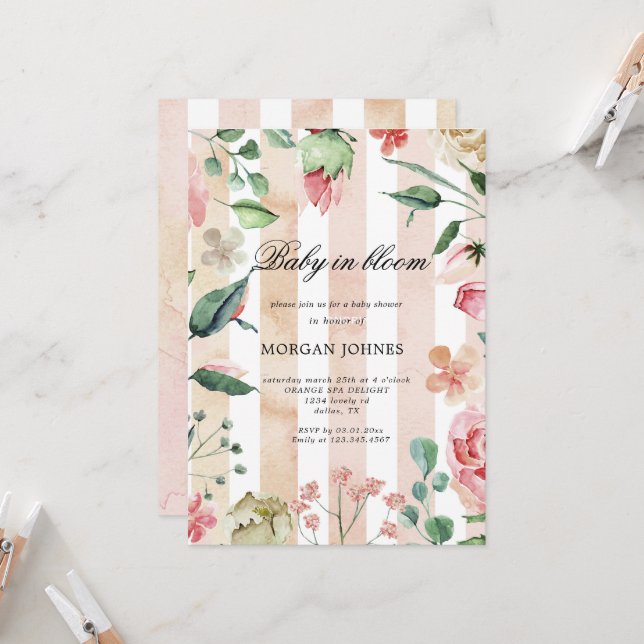Invitación de Baby Shower Baby In Bloom Blush Gard (Anverso/Reverso In Situ)