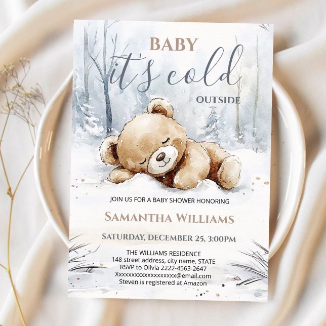 Invitación de Baby Shower 'Baby It's Cold Outside' (Cute bear watercolor baby shower invitation “Baby It’s Cold Outside” )