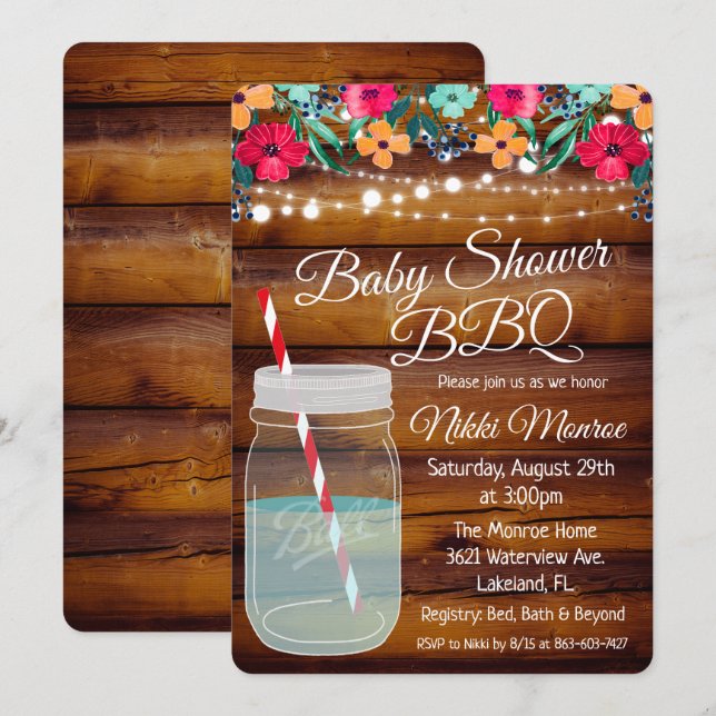 Invitación de Baby Shower BBQ Mason Jar (Anverso / Reverso)