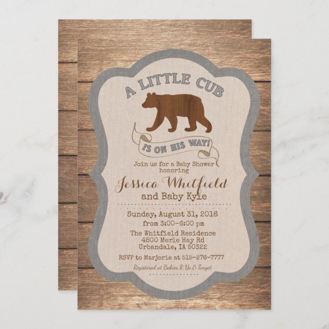 Invitación de Baby Shower Bear Rustic Wood (Anverso / Reverso)