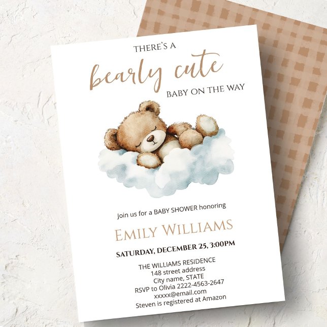 Invitación de Baby Shower Bearly Cute | Oso Teddy  (Cute bear watercolor baby shower invitation “Bearly cute baby on the way” )