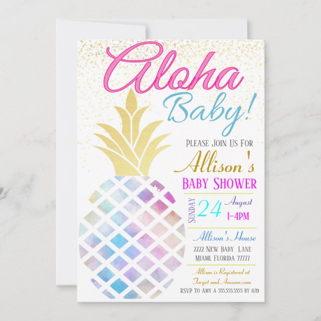 Invitación de Baby Shower, bebé Aloha (Anverso)