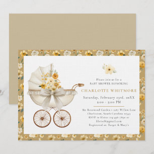 Invitación de Baby Shower Beige Carruaje Floral