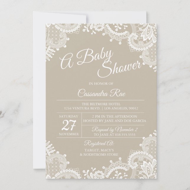 Invitación de Baby Shower beige y encaje (Anverso)