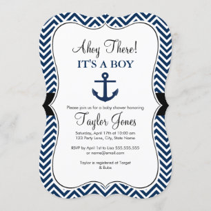 Invitación de Baby Shower Blanca y Azul Marítimo