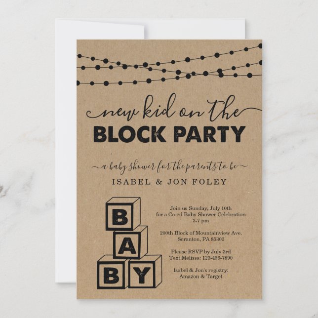 Invitación de Baby Shower Block Party (Anverso)
