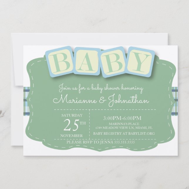 Invitación de Baby Shower Blocks Boy Plaid (Anverso)