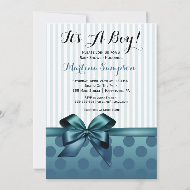 Invitación de Baby Shower Blue Bow Boy (Anverso)
