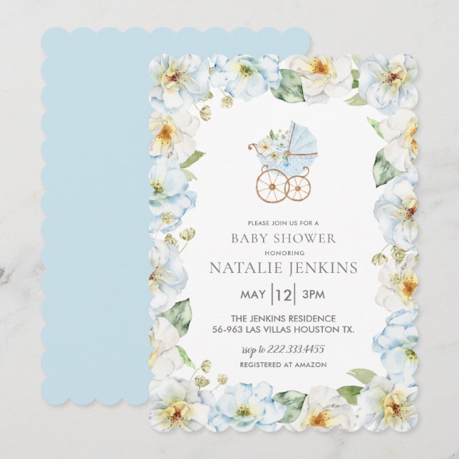 Invitación de Baby Shower Blue Floral Boy (Anverso / Reverso)