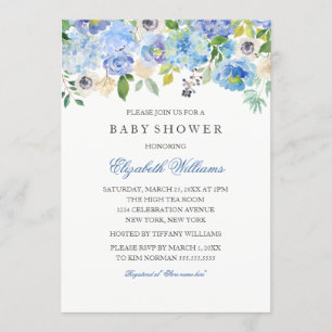 Invitación de Baby Shower Blue Floral Watercolor B
