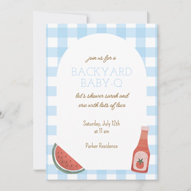 Invitación de baby shower Blue Gingham Baby-Q (Anverso)