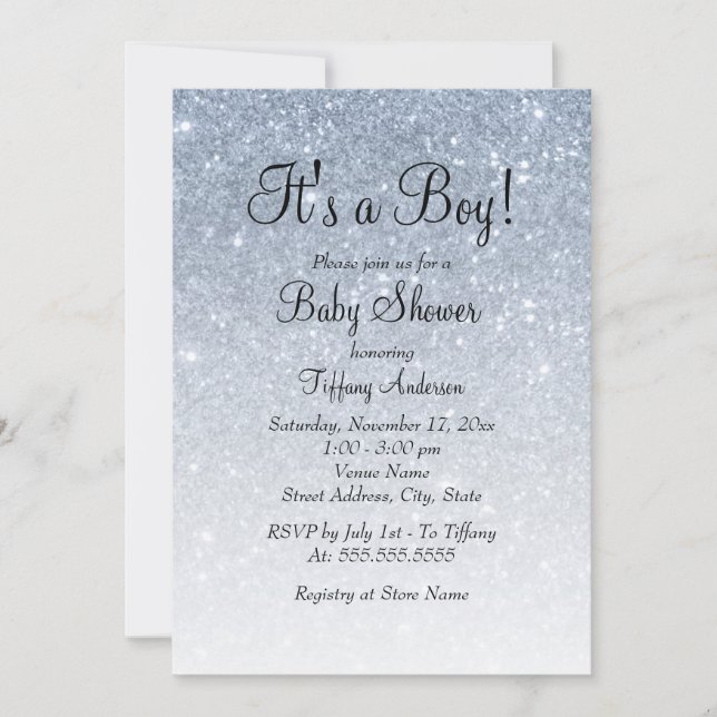 Invitación de Baby Shower 'Blue Glitter It's a Boy (Anverso)