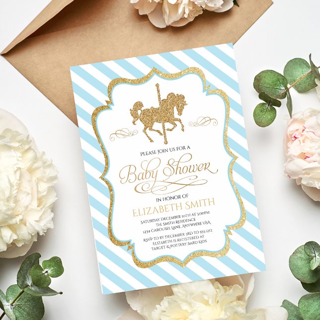 Invitación de Baby Shower Blue Gold Carousel (Subido por el creador)