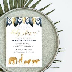 Invitación de Baby Shower Blue Gold Glam Safari