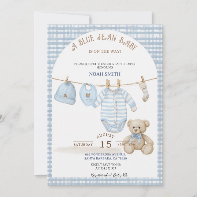 Invitación de Baby Shower Blue Jean | Te de Gingha (Anverso)