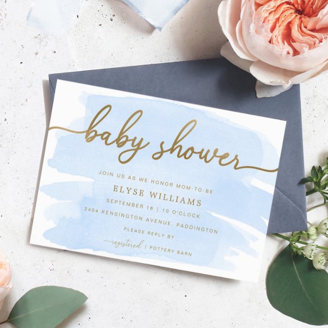 Invitación de Baby Shower Blue Watercolor Gold (Baby Shower Invitation Blue Watercolour Gold)