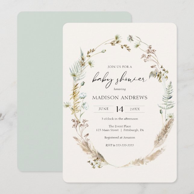 Invitación de Baby Shower Bohemian Dried Bouquet B (Anverso / Reverso)