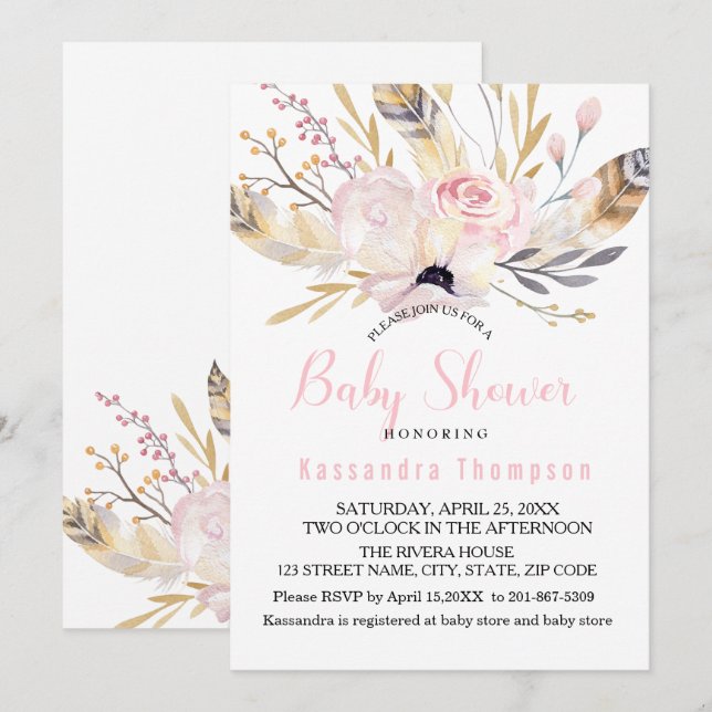 Invitación de Baby Shower Bohemian Floral & Feathe (Anverso / Reverso)