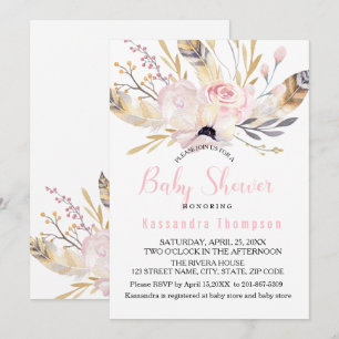 Invitación de Baby Shower Bohemian Floral & Feathe