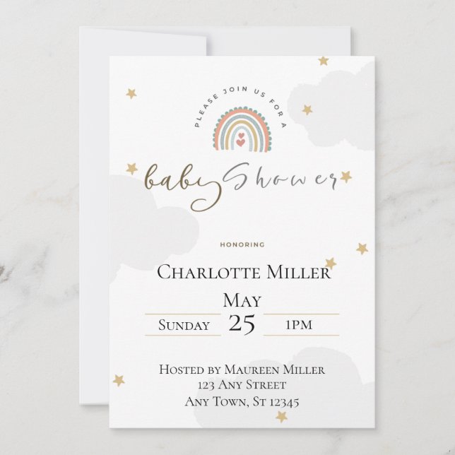 Invitación de baby shower boho arcoíris 5x7 (Anverso)