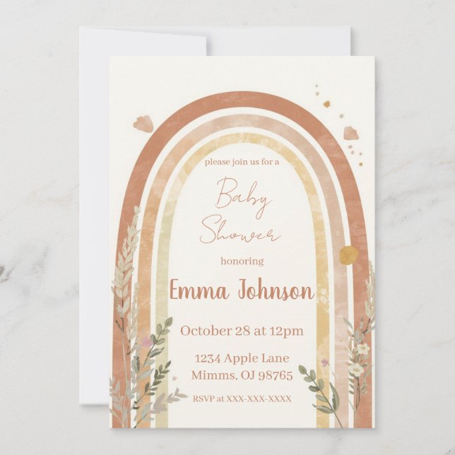 Invitación de Baby Shower Boho Arcoíris – Acuarela (Anverso)