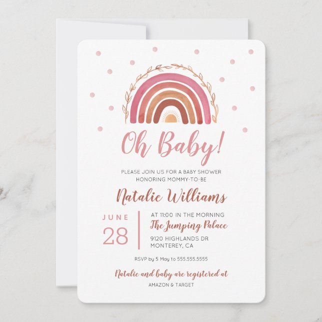 Invitación de Baby Shower Boho Arcoíris Oh Baby (Anverso)
