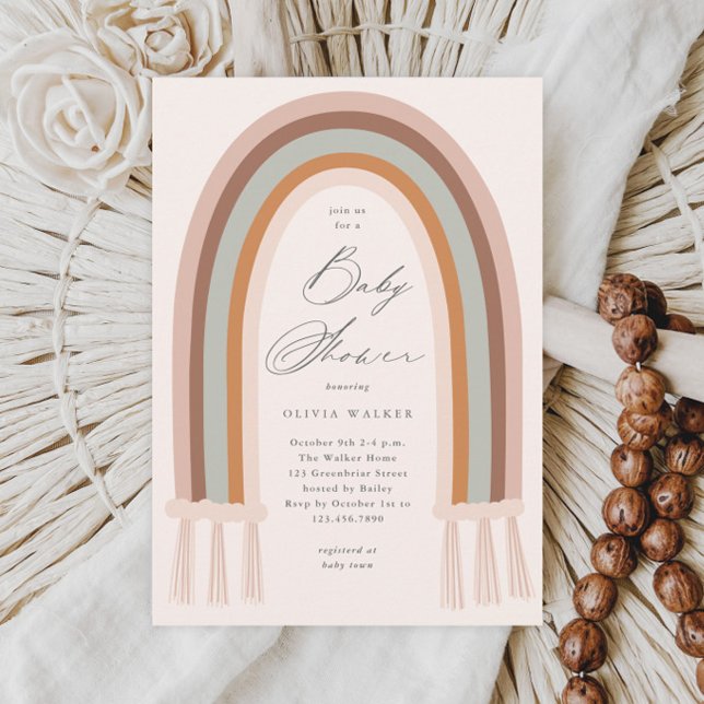 Invitación de Baby Shower Boho Arcoíris Tonos Terr (Boho Rainbow Earth Tone Baby Shower Invitations.)