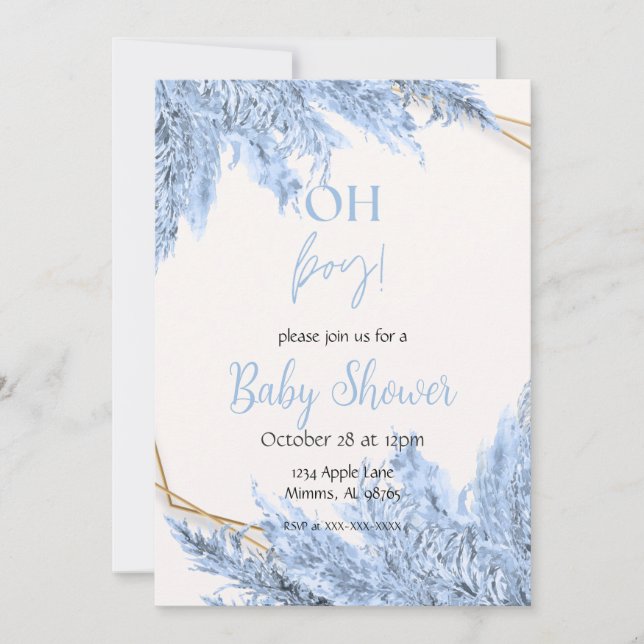 Invitación de baby shower boho azul claro para beb (Anverso)