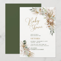 Invitación de baby shower boho botánico verde y do