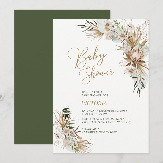 Invitación de baby shower boho botánico verde y do (Anverso / Reverso)
