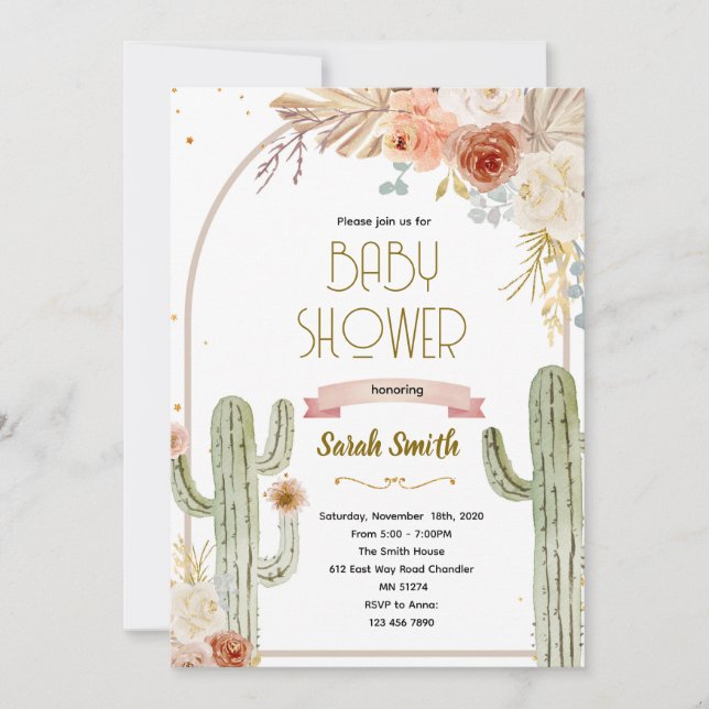 Invitación de baby shower boho cactus (Anverso)