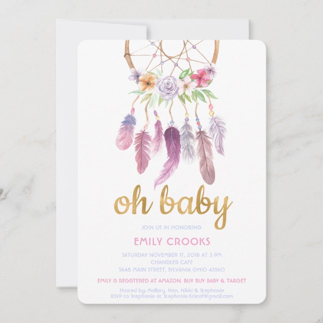 Invitación de Baby Shower Boho Chic Cazadora de Su (Anverso)