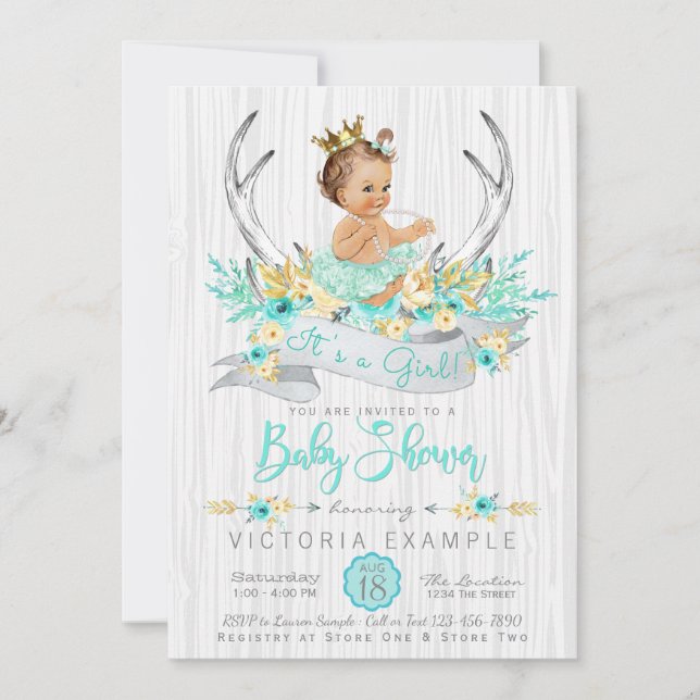 Invitación de Baby Shower Boho Ciervo Princesa Tri (Anverso)
