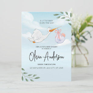 Invitación de Baby Shower Boho de Niño Azul Cigüeñ